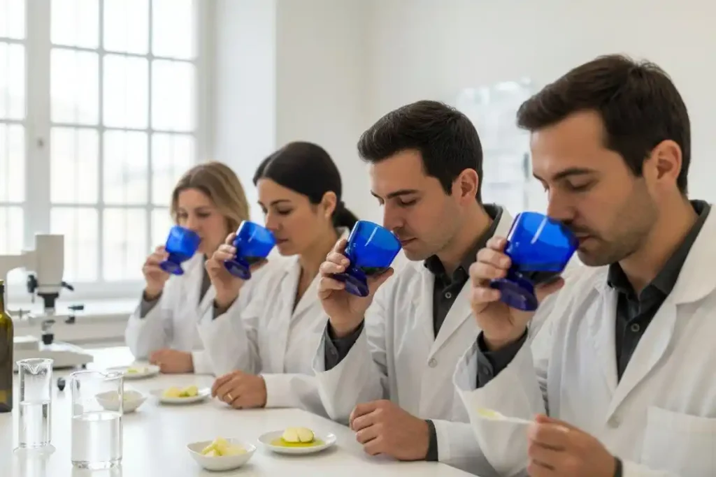 چند متخصص در حال تست بو و طعم روغن زیتون